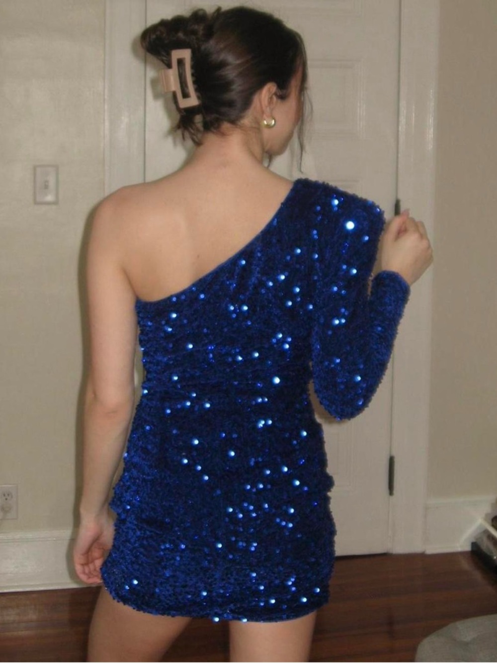 One-Shoulder Royal Blue Sequin Velvet Mini Dress